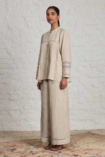 Shop_Sue Mue_Beige Linen Mandarin Collar Thea Pure Top And Pant Set _Online_at_Aza_Fashions