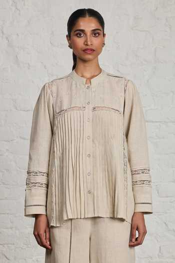Sue Mue Beige Linen Mandarin Collar Thea Pure Top And Pant Set at Aza Fashions Sue Mue_Beige Linen Mandarin Collar Thea Pure Top And Pant Set _at_Aza_Fashions