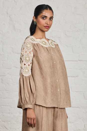 Sue Mue Beige Silk Round Neck Jeane Pure Top And Pant Set Online at Aza Fashions Sue Mue_Beige Silk Round Neck Jeane Pure Top And Pant Set _Online_at_Aza_Fashions