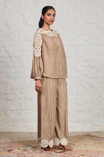 Buy Sue Mue Beige Silk Round Neck Jeane Pure Top And Pant Set Online at Aza Fashions Buy_Sue Mue_Beige Silk Round Neck Jeane Pure Top And Pant Set _Online_at_Aza_Fashions
