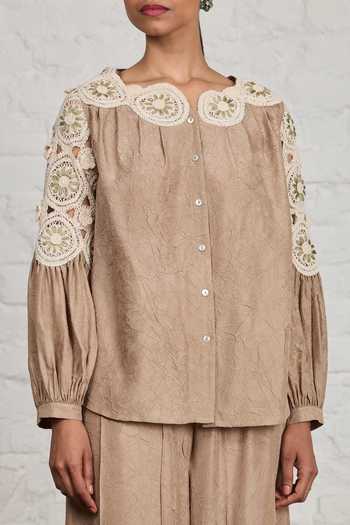 Shop Sue Mue Beige Silk Round Neck Jeane Pure Top And Pant Set Online at Aza Fashions Shop_Sue Mue_Beige Silk Round Neck Jeane Pure Top And Pant Set _Online_at_Aza_Fashions