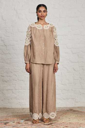 Sue Mue_Beige Silk Round Neck Jeane Pure Top And Pant Set _at_Aza_Fashions