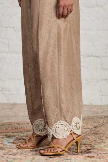 Buy Sue Mue Beige Silk Round Neck Jeane Pure Top And Pant Set Buy_Sue Mue_Beige Silk Round Neck Jeane Pure Top And Pant Set