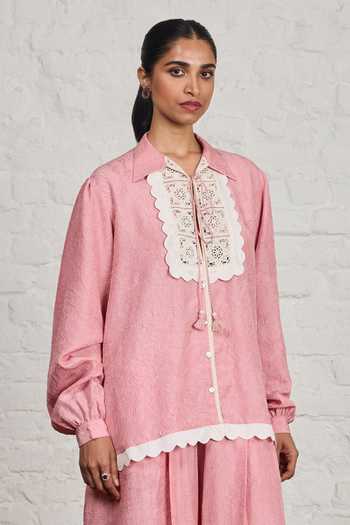 Sue Mue_Pink Silk Collared Neck Elanore Crushed Pure Shirt And Pant Set _Online_at_Aza_Fashions