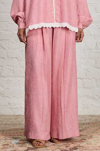 Buy_Sue Mue_Pink Silk Collared Neck Elanore Crushed Pure Shirt And Pant Set _Online_at_Aza_Fashions