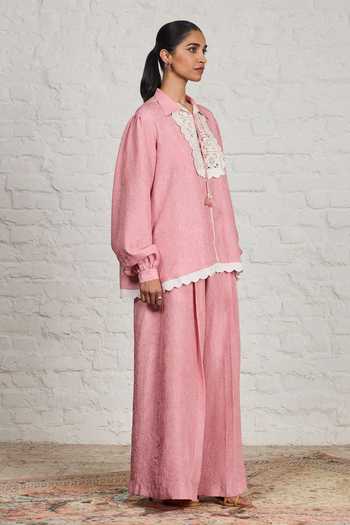 Shop_Sue Mue_Pink Silk Collared Neck Elanore Crushed Pure Shirt And Pant Set _Online_at_Aza_Fashions