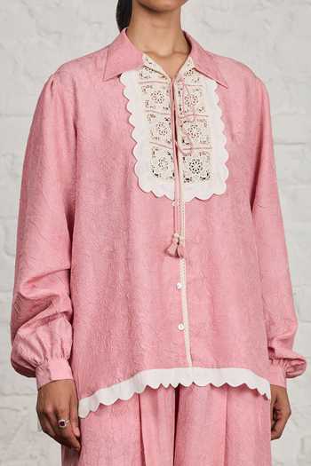 Sue Mue_Pink Silk Collared Neck Elanore Crushed Pure Shirt And Pant Set _at_Aza_Fashions