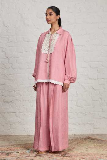 Buy_Sue Mue_Pink Silk Collared Neck Elanore Crushed Pure Shirt And Pant Set 