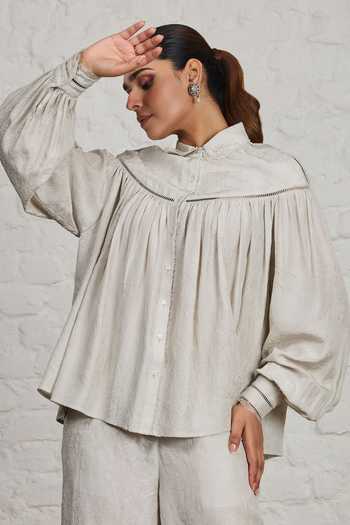 Sue Mue_White Silk Collared Neck Magnolia Crushed Pure Shirt And Pant Set _Online_at_Aza_Fashions