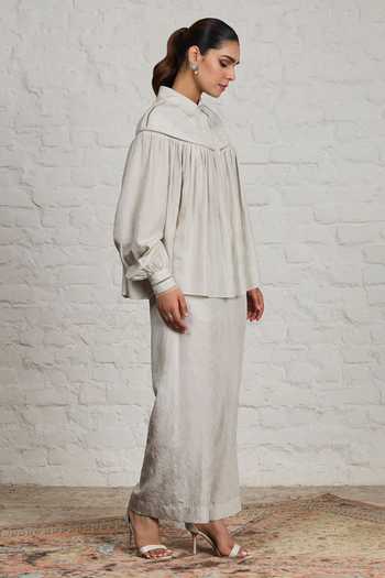 Buy_Sue Mue_White Silk Collared Neck Magnolia Crushed Pure Shirt And Pant Set _Online_at_Aza_Fashions