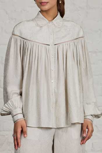 Shop_Sue Mue_White Silk Collared Neck Magnolia Crushed Pure Shirt And Pant Set _Online_at_Aza_Fashions