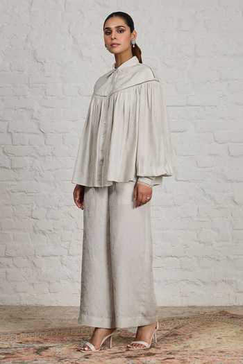 Sue Mue Magnolia Crushed Pure Silk Shirt & Pant Set 