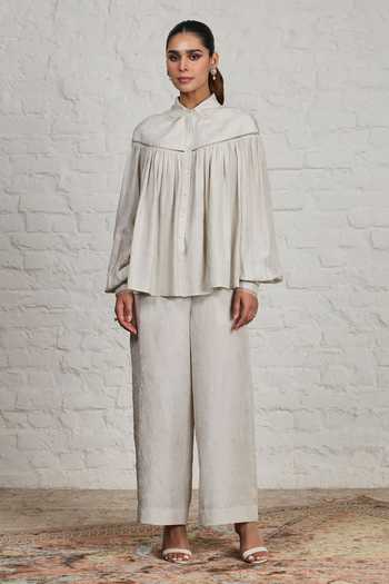 Sue Mue_White Silk Collared Neck Magnolia Crushed Pure Shirt And Pant Set _at_Aza_Fashions