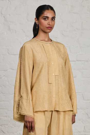 Sue Mue Yellow Silk Round Neck Liora Crushed Pure Top And Pant Set Online at Aza Fashions Sue Mue_Yellow Silk Round Neck Liora Crushed Pure Top And Pant Set _Online_at_Aza_Fashions