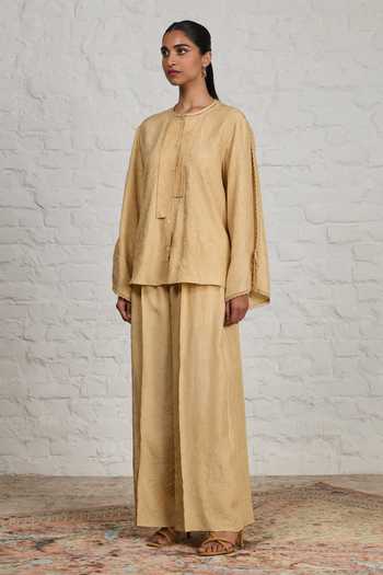 Shop Sue Mue Yellow Silk Round Neck Liora Crushed Pure Top And Pant Set Online at Aza Fashions Shop_Sue Mue_Yellow Silk Round Neck Liora Crushed Pure Top And Pant Set _Online_at_Aza_Fashions