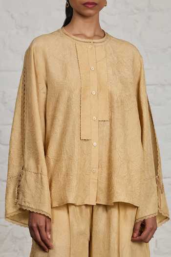 Shop Sue Mue Yellow Silk Round Neck Liora Crushed Pure Top And Pant Set Shop_Sue Mue_Yellow Silk Round Neck Liora Crushed Pure Top And Pant Set