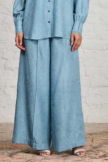 Sue Mue Blue Silk Collared Neck Evara Crushed Pure Shirt And Pant Set Online at Aza Fashions Sue Mue_Blue Silk Collared Neck Evara Crushed Pure Shirt And Pant Set _Online_at_Aza_Fashions