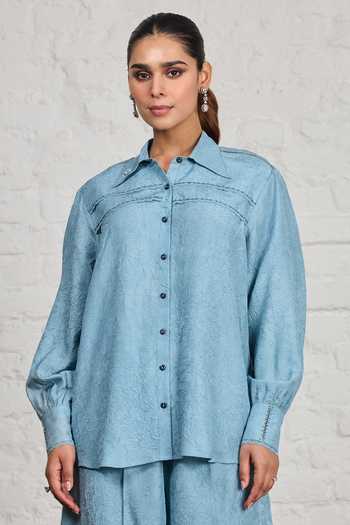 Buy Sue Mue Blue Silk Collared Neck Evara Crushed Pure Shirt And Pant Set Online at Aza Fashions Buy_Sue Mue_Blue Silk Collared Neck Evara Crushed Pure Shirt And Pant Set _Online_at_Aza_Fashions