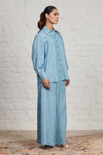 Shop_Sue Mue_Blue Silk Collared Neck Evara Crushed Pure Shirt And Pant Set _Online_at_Aza_Fashions