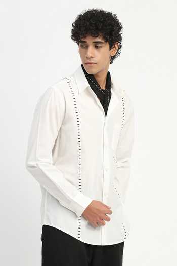 Abraham And Thakore_Ivory Poplin Stab Stitch Stripe Shirt _at_Aza_Fashions