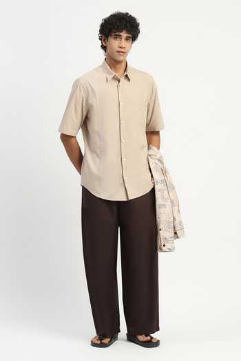 Abraham And Thakore Beige Poplin Stab Stitch Stripe Shirt Online at Aza Fashions Abraham And Thakore_Beige Poplin Stab Stitch Stripe Shirt _Online_at_Aza_Fashions