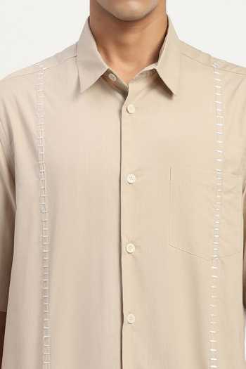 Buy Abraham And Thakore Beige Poplin Stab Stitch Stripe Shirt Online at Aza Fashions Buy_Abraham And Thakore_Beige Poplin Stab Stitch Stripe Shirt _Online_at_Aza_Fashions