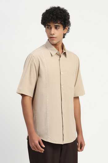 Shop Abraham And Thakore Beige Poplin Stab Stitch Stripe Shirt Online at Aza Fashions Shop_Abraham And Thakore_Beige Poplin Stab Stitch Stripe Shirt _Online_at_Aza_Fashions