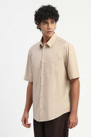 Abraham And Thakore Beige Poplin Stab Stitch Stripe Shirt at Aza Fashions Abraham And Thakore_Beige Poplin Stab Stitch Stripe Shirt _at_Aza_Fashions