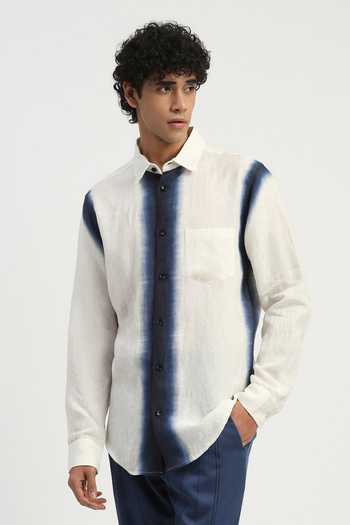 Abraham And Thakore_Blue Linen Ombre Print Shirt _at_Aza_Fashions