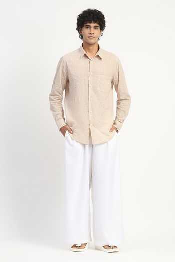 Abraham And Thakore Beige Cotton, Voile Scribble Embroidered Shirt Online at Aza Fashions Abraham And Thakore_Beige Cotton, Voile Scribble Embroidered Shirt _Online_at_Aza_Fashions