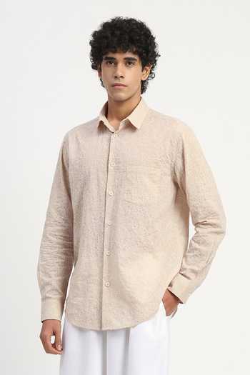 Shop Abraham And Thakore Beige Cotton, Voile Scribble Embroidered Shirt Online at Aza Fashions Shop_Abraham And Thakore_Beige Cotton, Voile Scribble Embroidered Shirt _Online_at_Aza_Fashions