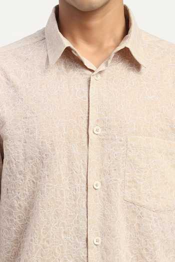 Abraham And Thakore Beige Cotton, Voile Scribble Embroidered Shirt at Aza Fashions Abraham And Thakore_Beige Cotton, Voile Scribble Embroidered Shirt _at_Aza_Fashions