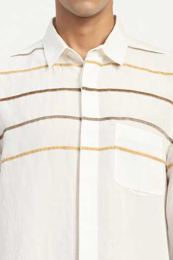 Abraham And Thakore Ivory Cotton, Linen Tape Applique Shirt at Aza Fashions Abraham And Thakore_Ivory Cotton, Linen Tape Applique Shirt _at_Aza_Fashions