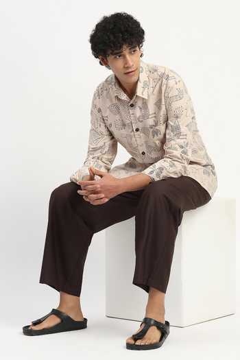 Abraham And Thakore_Beige Poplin Kantha Animals Pattern Shirt _Online_at_Aza_Fashions