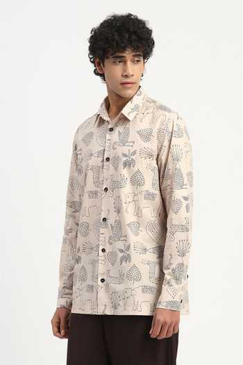 Buy_Abraham And Thakore_Beige Poplin Kantha Animals Pattern Shirt _Online_at_Aza_Fashions