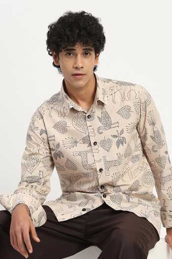 Shop_Abraham And Thakore_Beige Poplin Kantha Animals Pattern Shirt _Online_at_Aza_Fashions