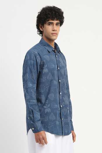 Abraham And Thakore_Blue Poplin Kantha Animals Pattern Shirt _Online_at_Aza_Fashions