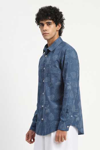 Buy_Abraham And Thakore_Blue Poplin Kantha Animals Pattern Shirt _Online_at_Aza_Fashions