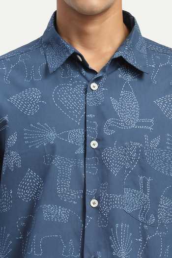 Shop_Abraham And Thakore_Blue Poplin Kantha Animals Pattern Shirt _Online_at_Aza_Fashions