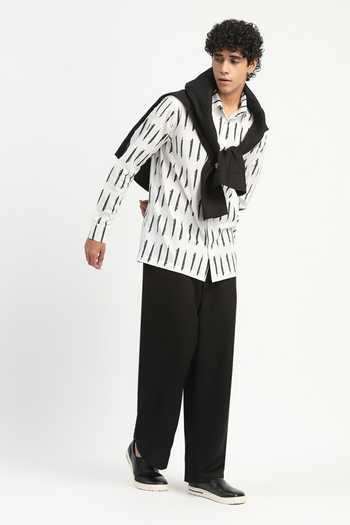 Abraham And Thakore_Ivory Poplin Pen Print Shirt _Online_at_Aza_Fashions