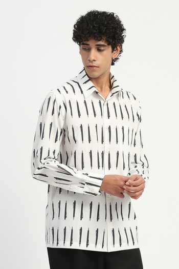 Abraham And Thakore_Ivory Poplin Pen Print Shirt _at_Aza_Fashions