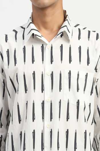 Buy_Abraham And Thakore_Ivory Poplin Pen Print Shirt 
