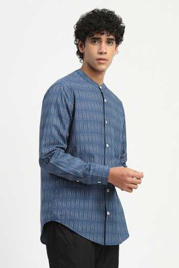 Abraham And Thakore Blue Poplin Paperclip Print Shirt Online at Aza Fashions Abraham And Thakore_Blue Poplin Paperclip Print Shirt _Online_at_Aza_Fashions