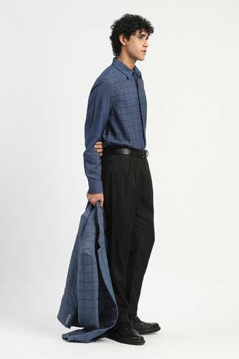 Buy_Abraham And Thakore_Blue Cotton, Linen Stab Stitch Checks Shirt _Online_at_Aza_Fashions