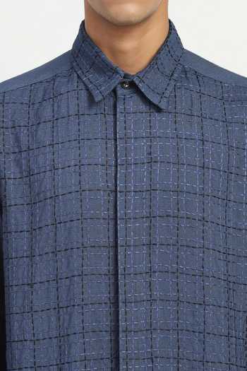 Shop_Abraham And Thakore_Blue Cotton, Linen Stab Stitch Checks Shirt _Online_at_Aza_Fashions