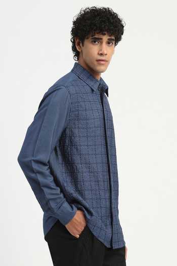 Abraham And Thakore_Blue Cotton, Linen Stab Stitch Checks Shirt _at_Aza_Fashions