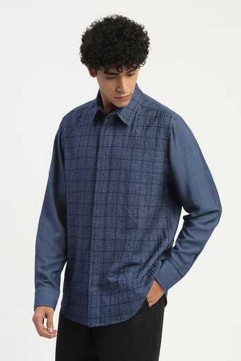 Buy_Abraham And Thakore_Blue Cotton, Linen Stab Stitch Checks Shirt 