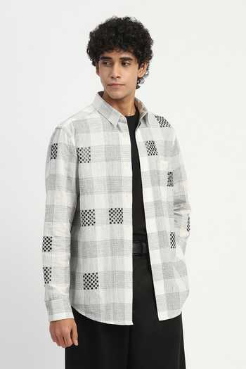 Shop_Abraham And Thakore_Ivory Cotton, Linen Sequin Checks Pattern Shirt _Online_at_Aza_Fashions
