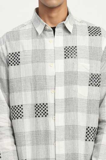 Buy_Abraham And Thakore_Ivory Cotton, Linen Sequin Checks Pattern Shirt 