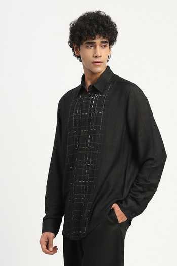 Buy Abraham And Thakore Black Cotton, Linen Sequin And Stab Shirt Online at Aza Fashions Buy_Abraham And Thakore_Black Cotton, Linen Sequin And Stab Shirt _Online_at_Aza_Fashions